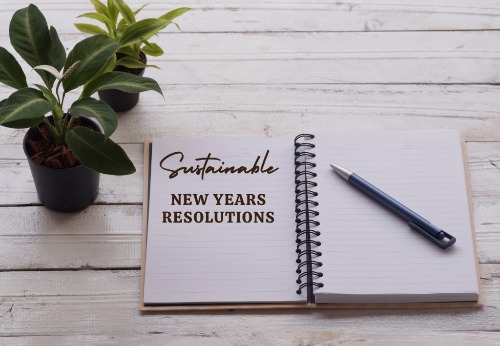 An open blank notebook with the words 'Sustainable New Year's Resolutions' written at the top, symbolizing the start of eco-friendly planning for the new year.