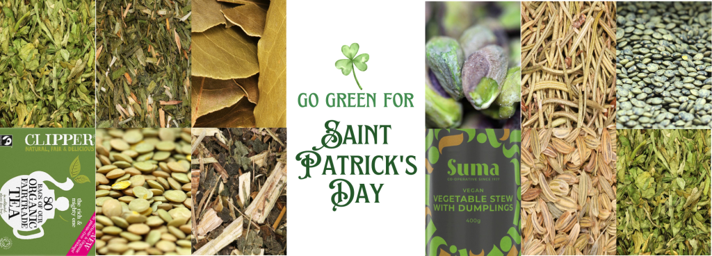 A vibrant montage showcasing a variety of green products available at Harriet's of Hove, with a central square boldly proclaiming 'Go Green for St Patrick's Day'. The collection includes eco-friendly items in various shades of green, symbolizing sustainable choices and the spirit of St. Patrick's Day.