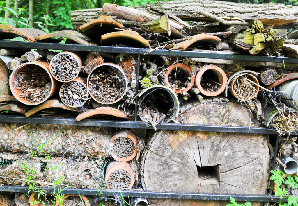 A creative arrangement of logs, tubes, and pots forming a bug hotel, providing a natural habitat for beneficial insects and promoting biodiversity in the garden.
