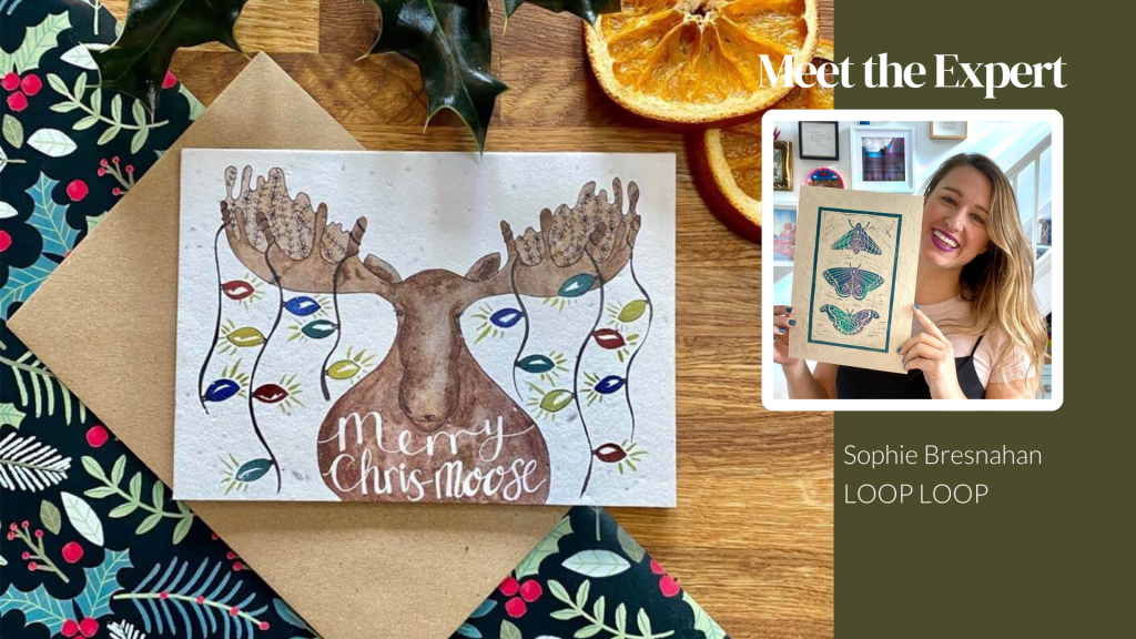 Sophie from Loop Loop cards with one of her Christmas Cards and Reindeer with Christmas lights on thier antlers