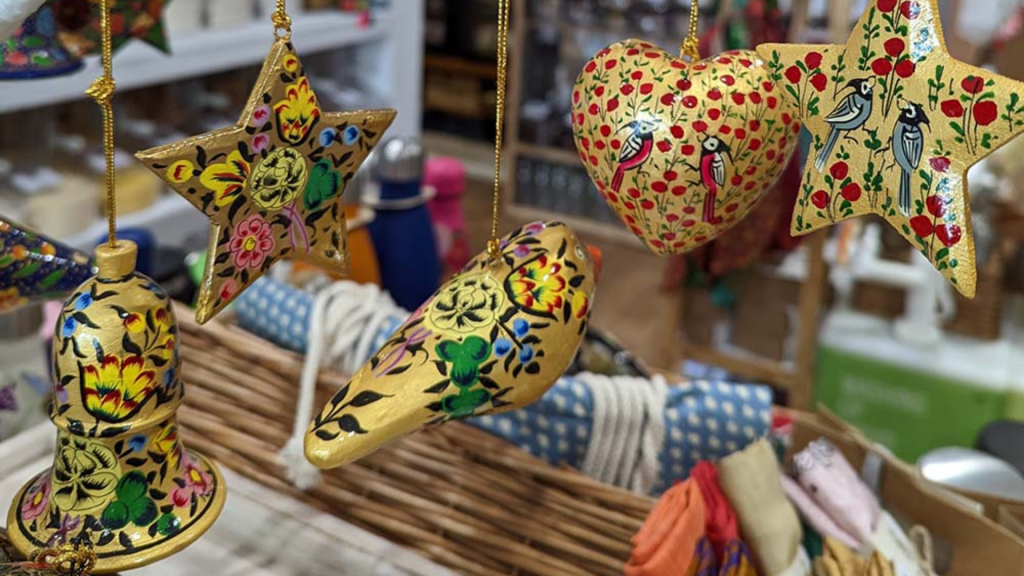 A selection of plastic free Christmas decorations available at Harriets of Hove